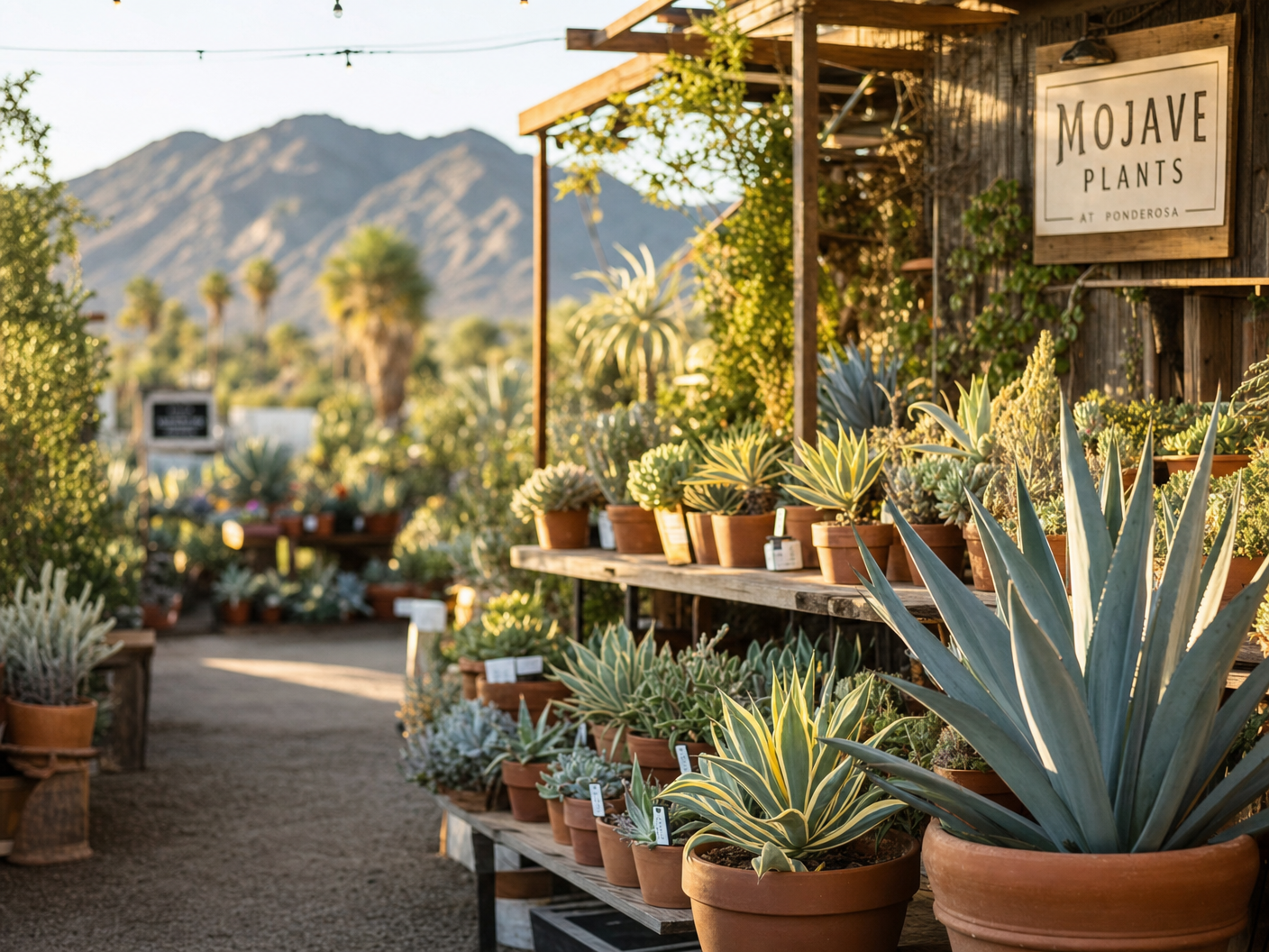 Xali Growers plant nursery in Hesperia CA — rows of succulents and agaves in terracotta pots